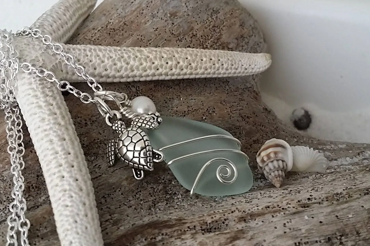 Hawaiian Jewelry Sea Glass Necklace, Wire Wrapped Seafoam Necklace, Pearl Turtle Necklace, Handmade Necklace Sea Glass Jewelry For Women