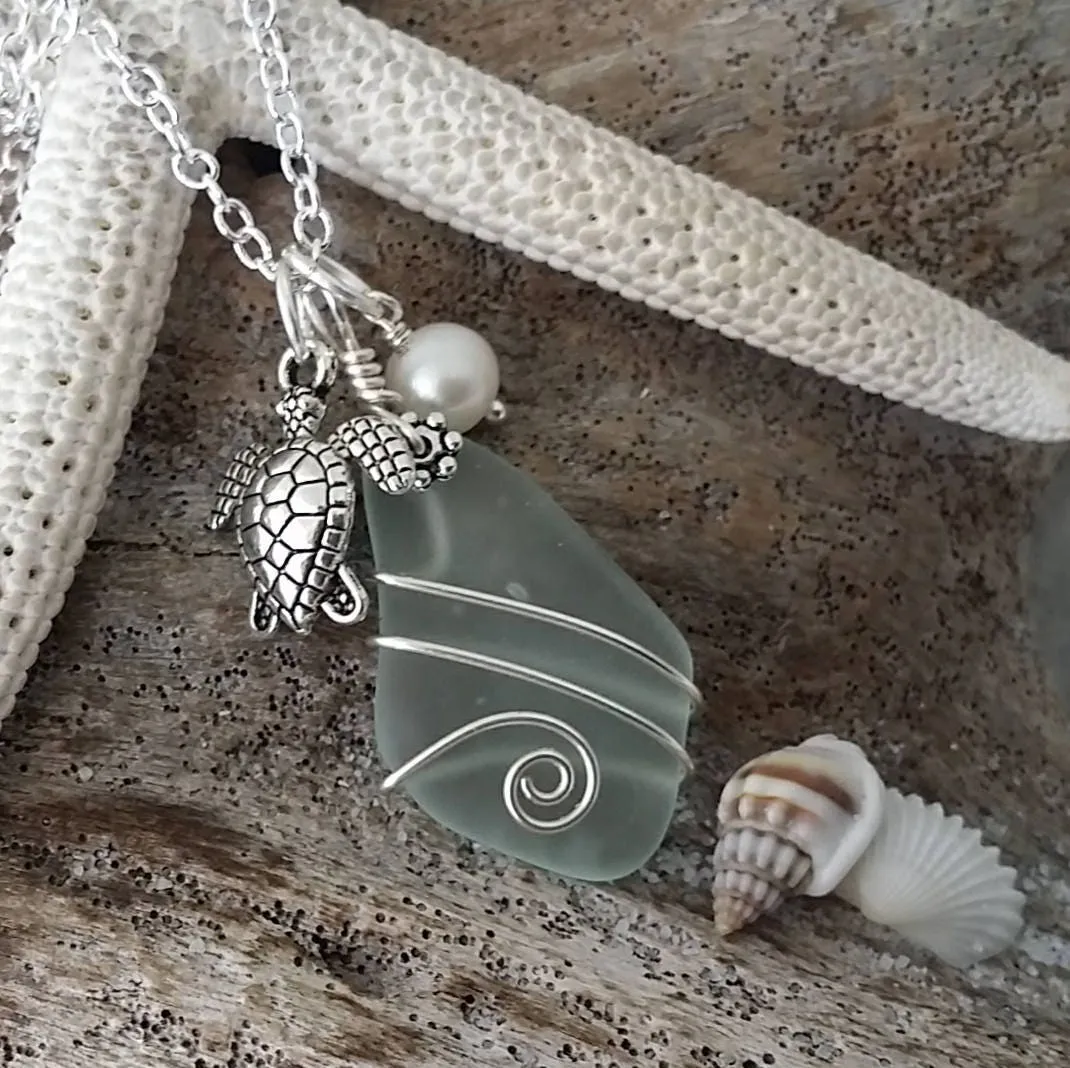 Hawaiian Jewelry Sea Glass Necklace, Wire Wrapped Seafoam Necklace, Pearl Turtle Necklace, Handmade Necklace Sea Glass Jewelry For Women