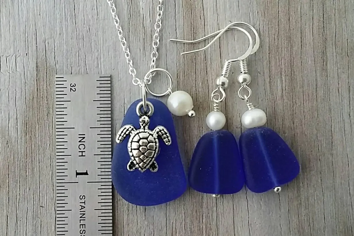 Hawaiian Jewelry Sea Glass Set, Cobalt Blue Necklace Earrings Jewelry Set For Women Turtle Necklace, Sea Glass Jewelry(September Birthstone)