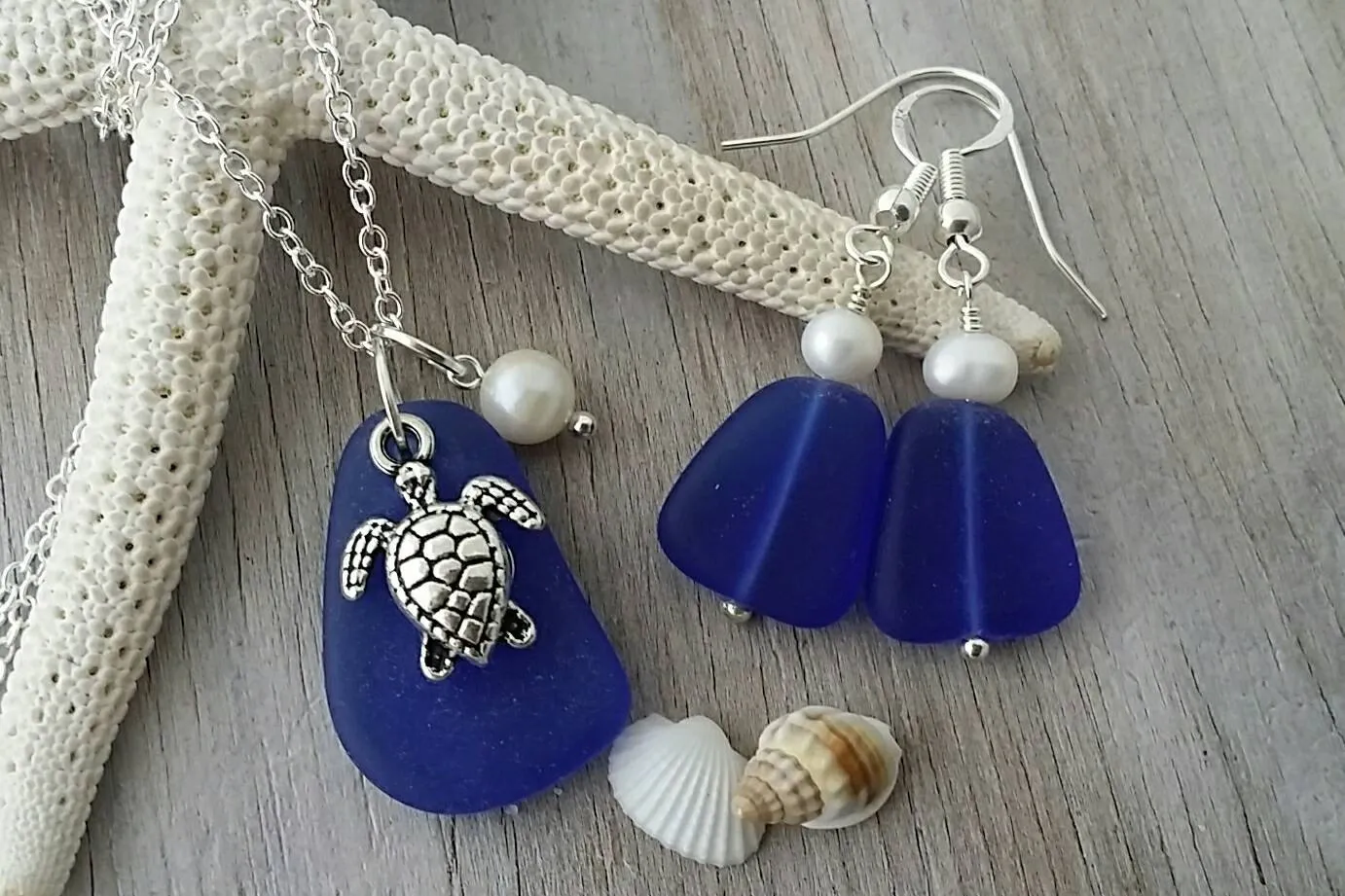 Hawaiian Jewelry Sea Glass Set, Cobalt Blue Necklace Earrings Jewelry Set For Women Turtle Necklace, Sea Glass Jewelry(September Birthstone)