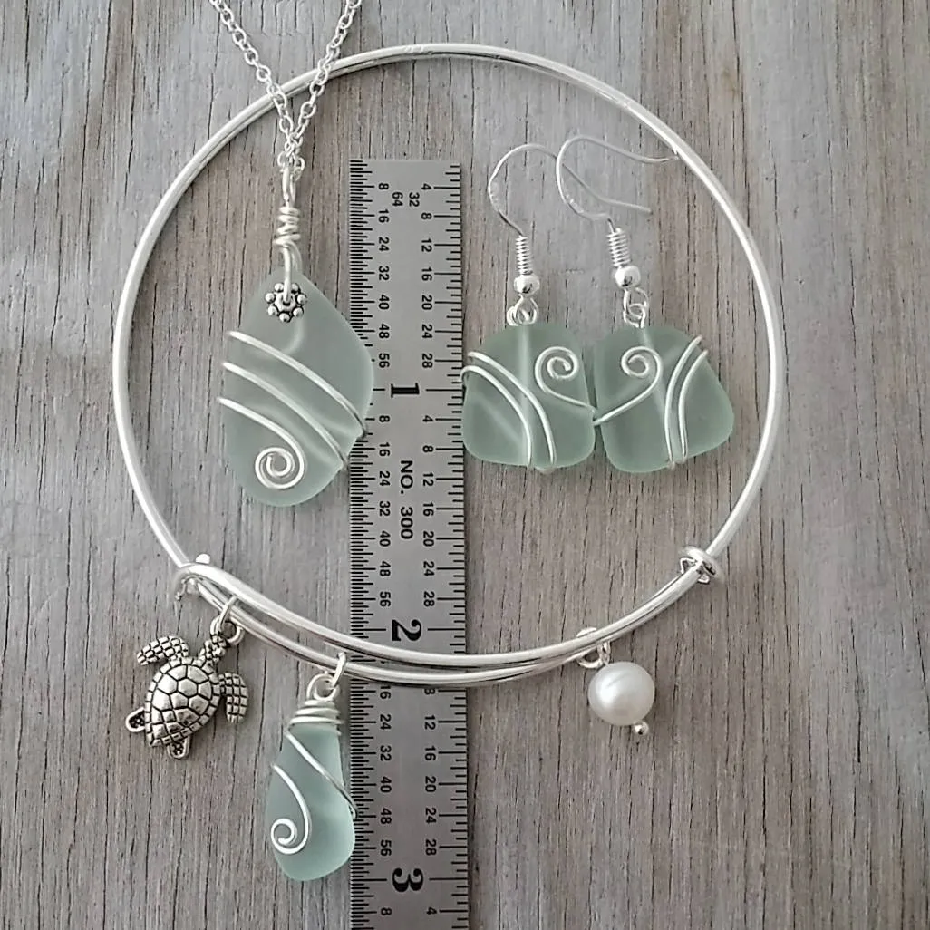 Hawaiian Jewelry Sea Glass Set, Seafoam Wire Wrapped Necklace Earrings Bracelet Jewelry Set, Unique Beachy Sea Glass Jewelry For Women