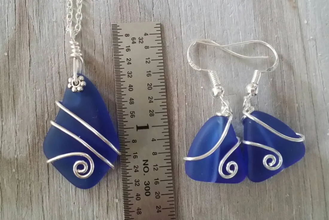 Hawaiian Jewelry Sea Glass Set, Wire Wrapped Cobalt Blue Necklace Earrings Jewelry Set, Birthday Gift Set(September Birthstone Jewelry Gift)