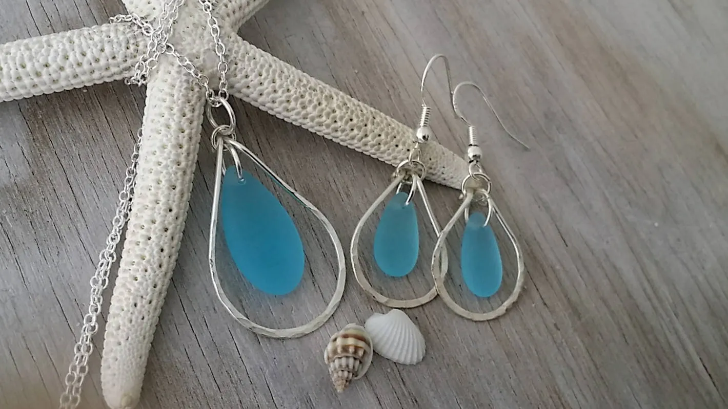 Hawaiian Jewelry Set, Hammered Wire Loop Necklace Earrings Jewelry Set, Turquoise Blue Jewelry Birthday Gift For Women (December Birthstone)