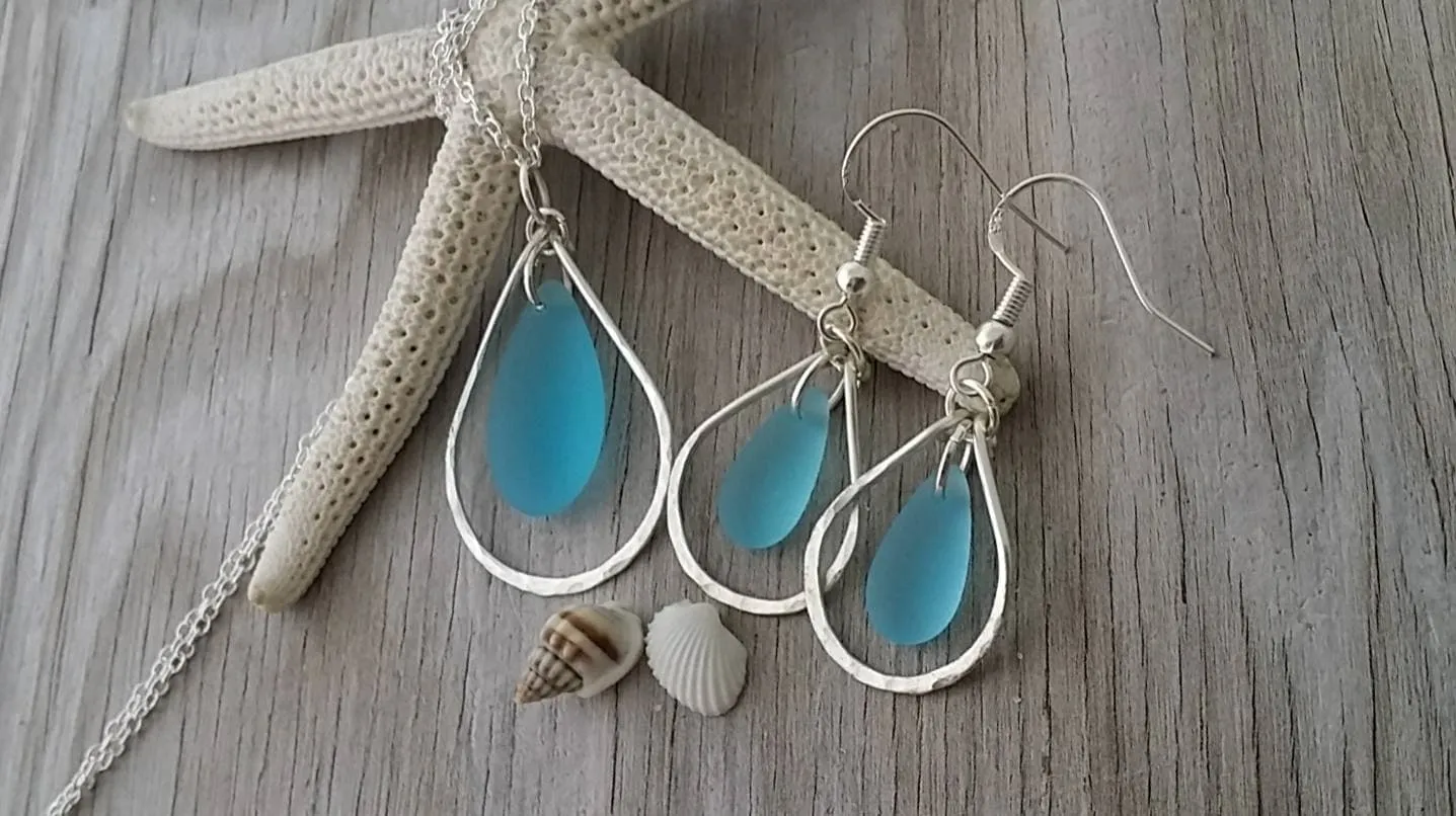 Hawaiian Jewelry Set, Hammered Wire Loop Necklace Earrings Jewelry Set, Turquoise Blue Jewelry Birthday Gift For Women (December Birthstone)