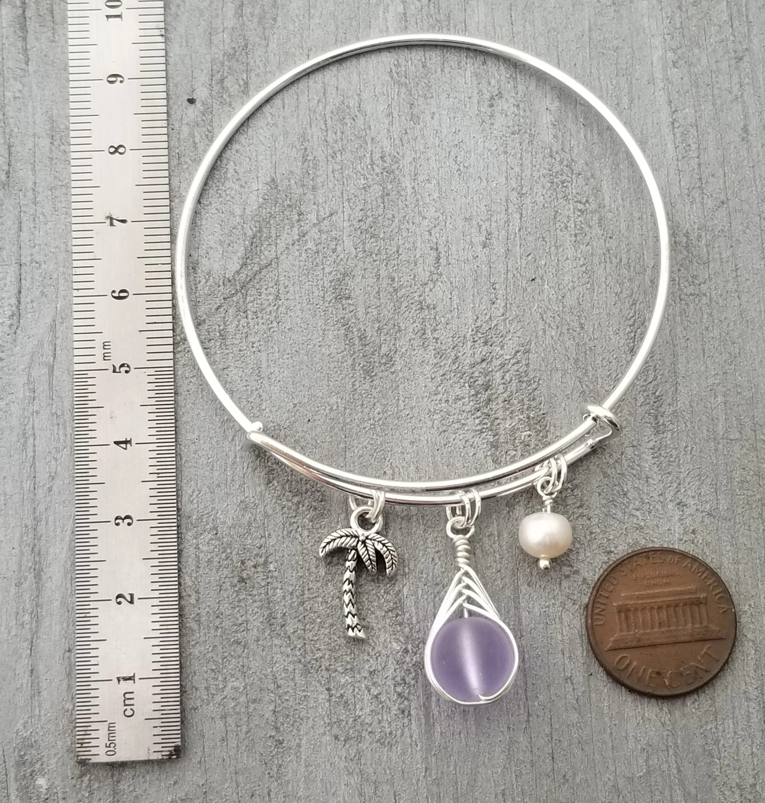 Hawaiian Jewelry, Small Round Wire Braided "Magical Color Changing" Purple Sea Glass Bracelet, Palm Tree Natural Pearl (February Birthstone)