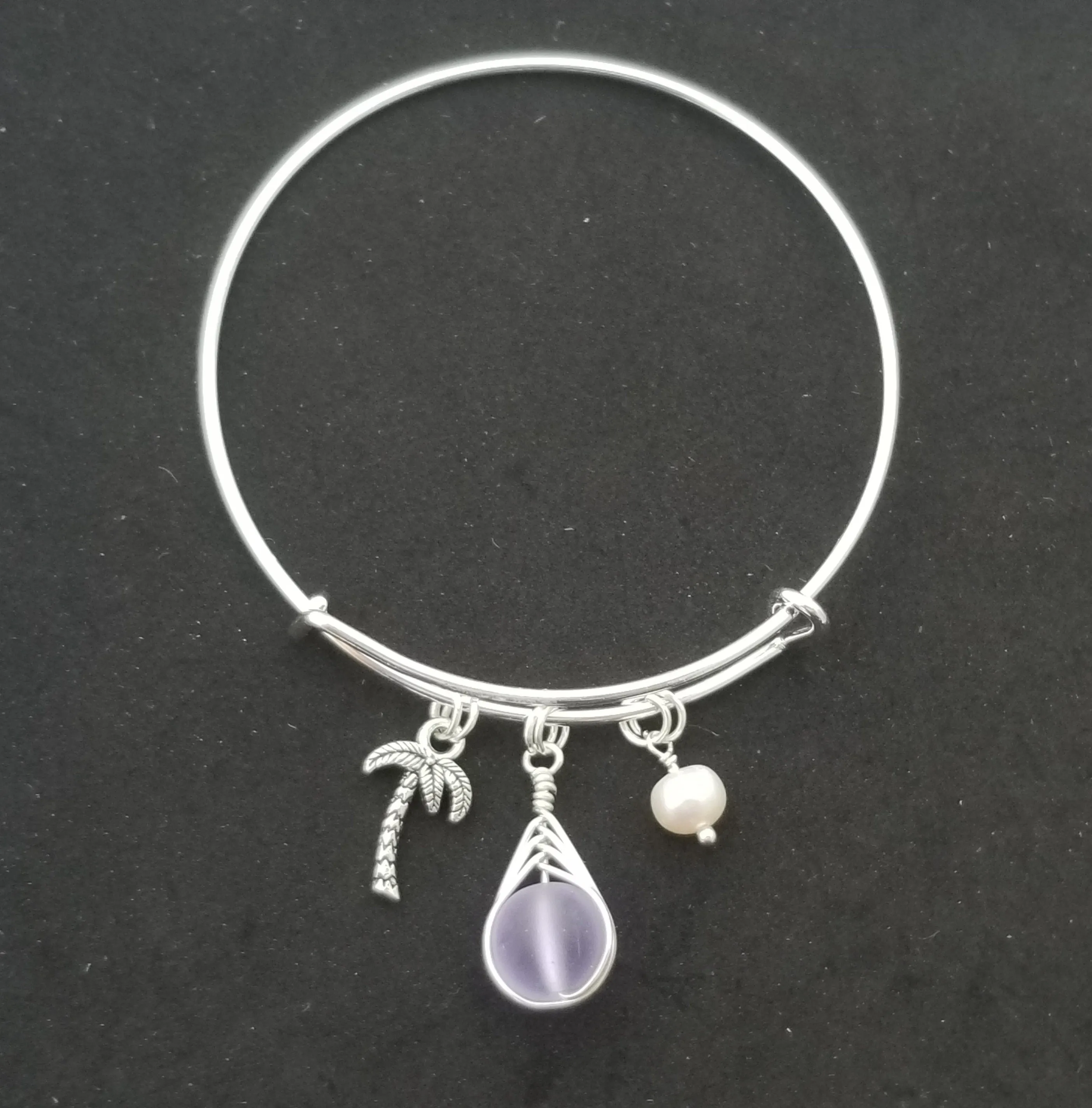Hawaiian Jewelry, Small Round Wire Braided "Magical Color Changing" Purple Sea Glass Bracelet, Palm Tree Natural Pearl (February Birthstone)