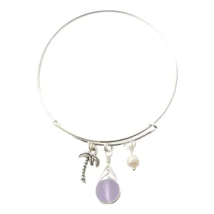 Hawaiian Jewelry, Small Round Wire Braided "Magical Color Changing" Purple Sea Glass Bracelet, Palm Tree Natural Pearl (February Birthstone)