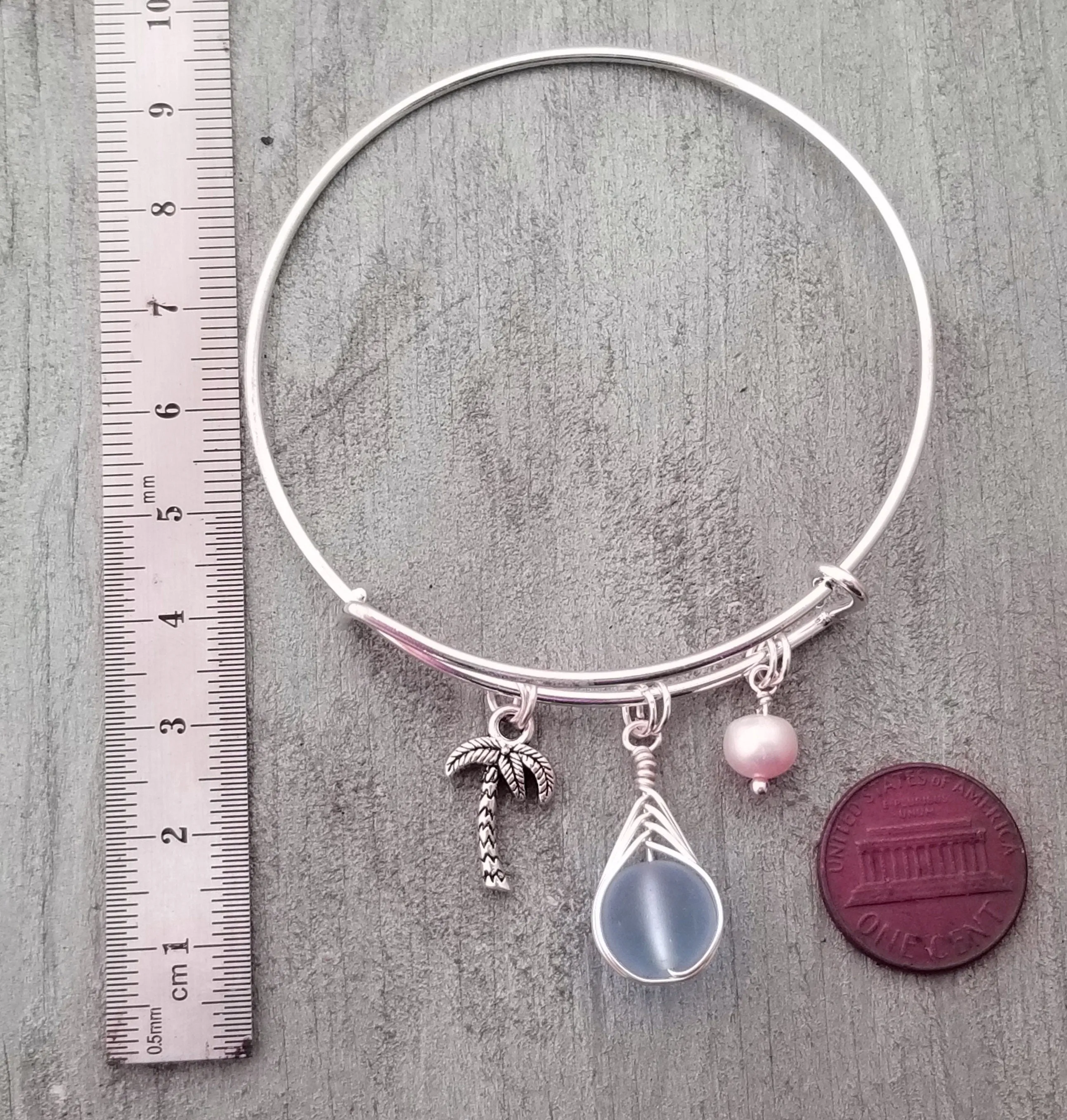 Hawaiian Jewelry, Small Round Wire Braided "Magical Color Changing" Purple Sea Glass Bracelet, Palm Tree Natural Pearl (February Birthstone)