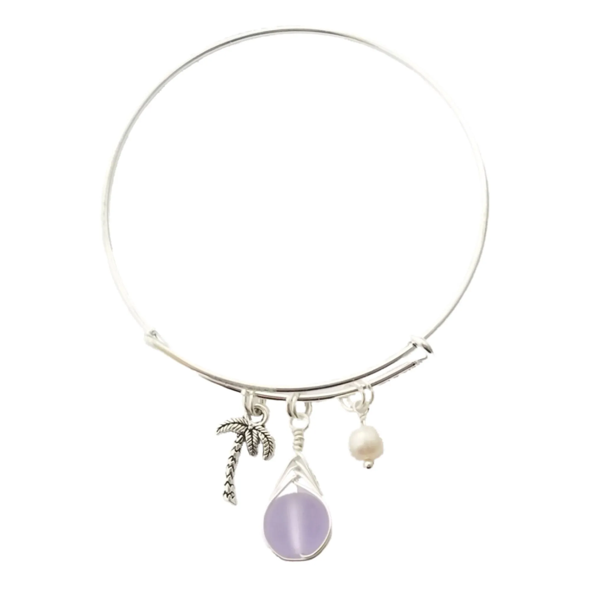 Hawaiian Jewelry, Small Round Wire Braided "Magical Color Changing" Purple Sea Glass Bracelet, Palm Tree Natural Pearl (February Birthstone)