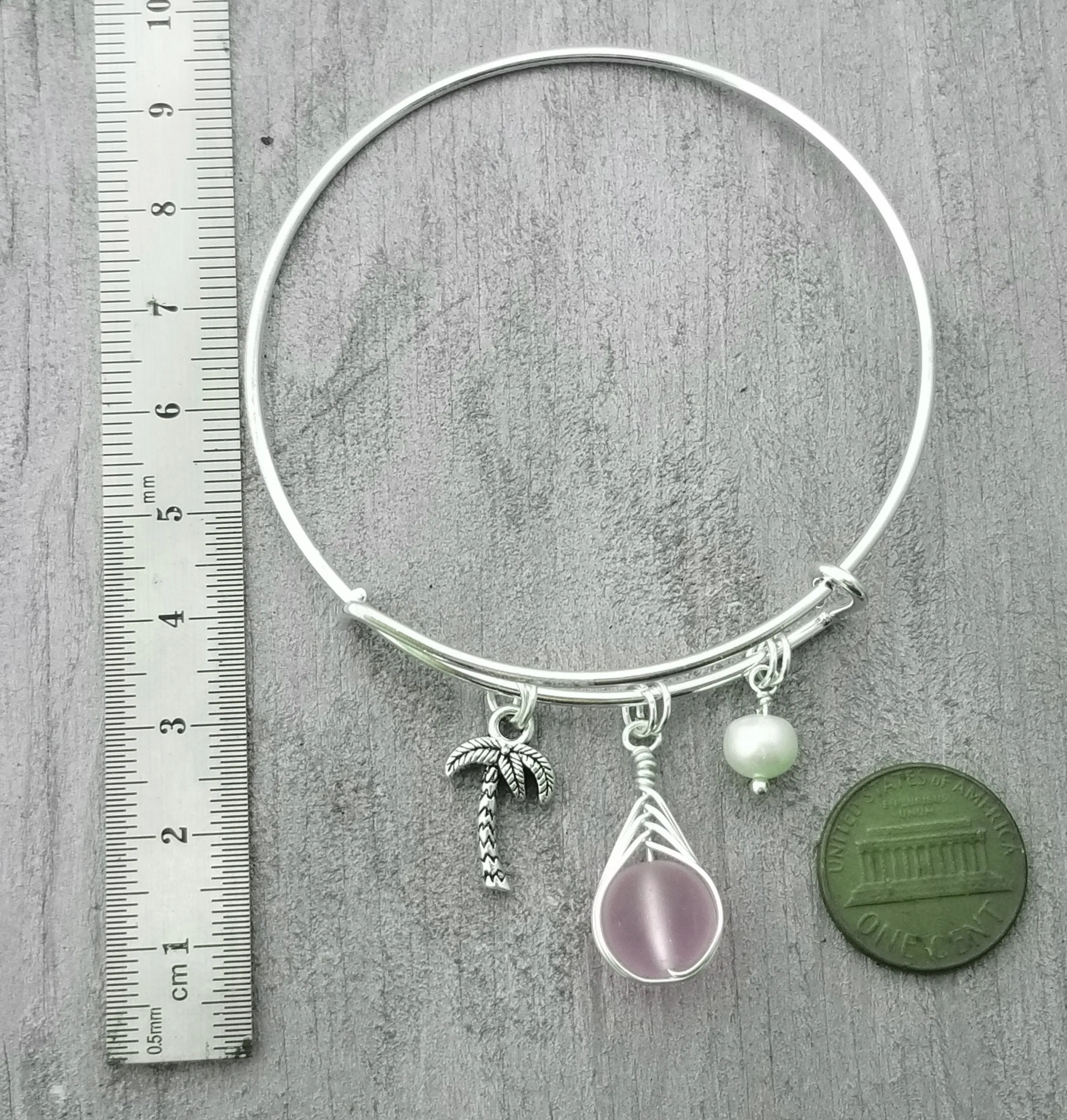 Hawaiian Jewelry, Small Round Wire Braided "Magical Color Changing" Purple Sea Glass Bracelet, Palm Tree Natural Pearl (February Birthstone)