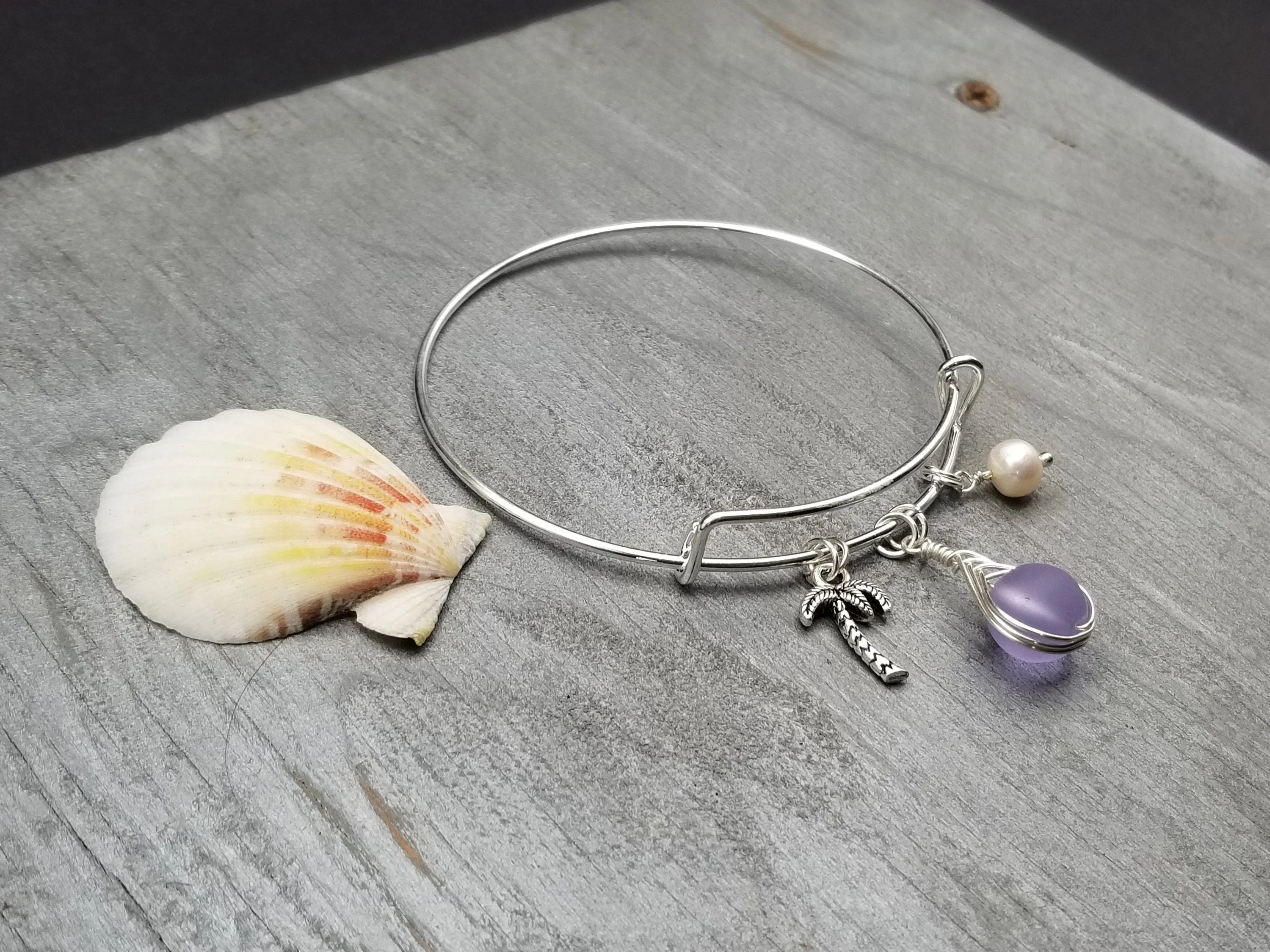 Hawaiian Jewelry, Small Round Wire Braided "Magical Color Changing" Purple Sea Glass Bracelet, Palm Tree Natural Pearl (February Birthstone)