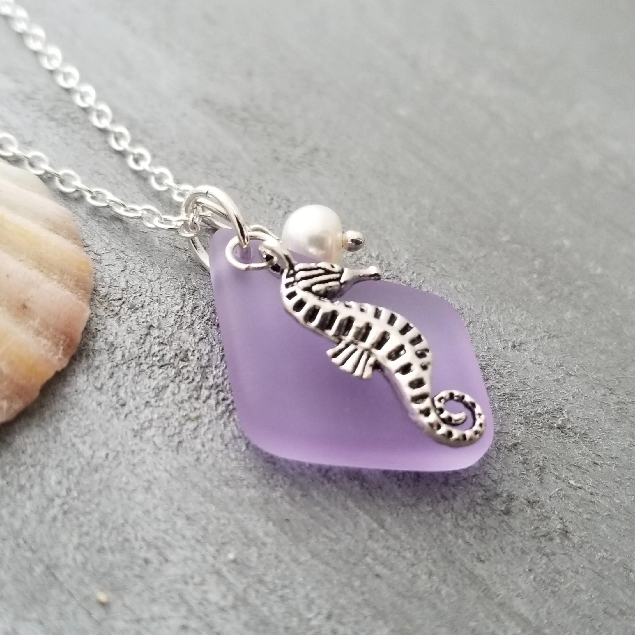 Hawaiian Sea Glass Necklace, "Magical Color Changing" Purple Necklace Pearl Seahorse Necklace Sea Glass Birthday Gift (February Birthstone)