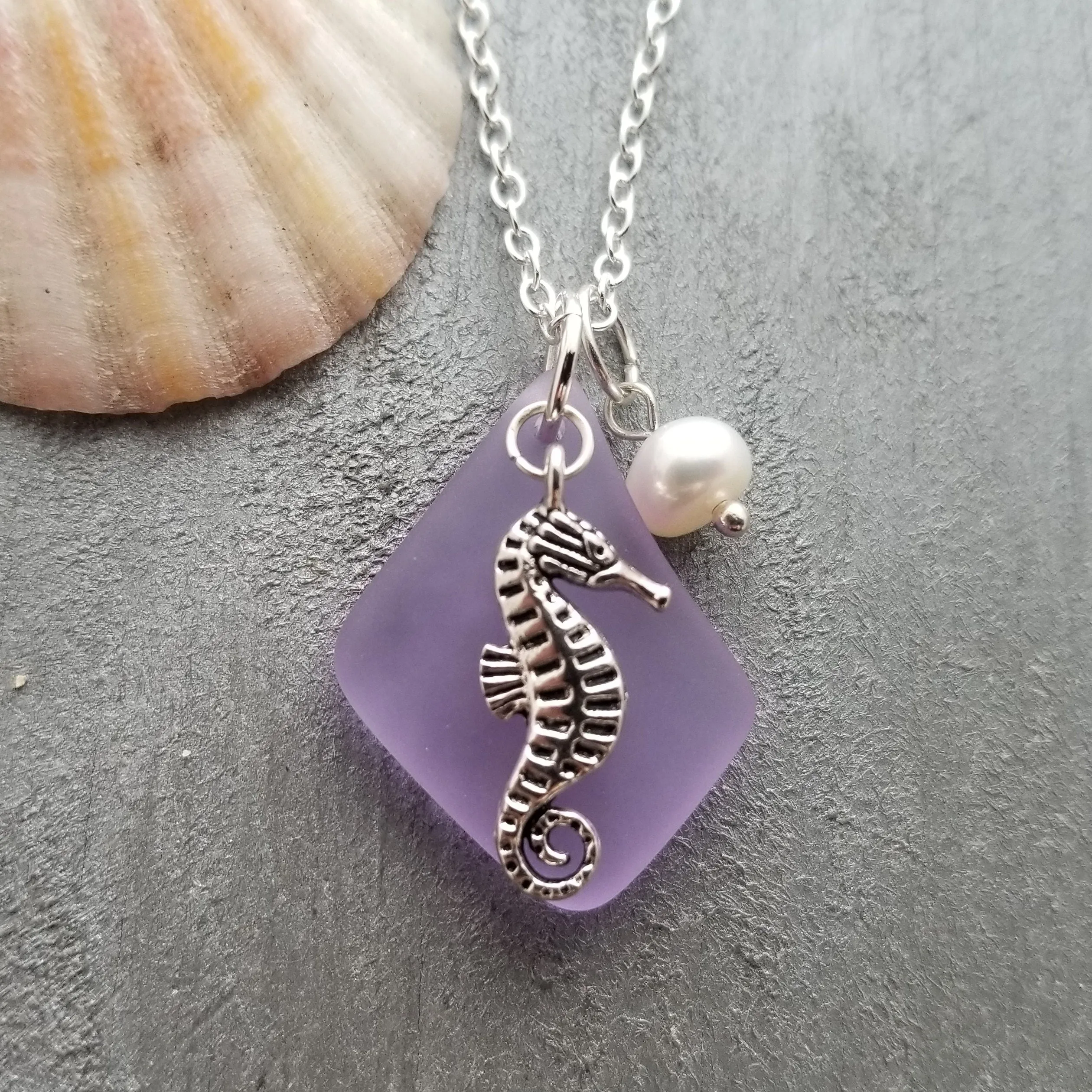 Hawaiian Sea Glass Necklace, "Magical Color Changing" Purple Necklace Pearl Seahorse Necklace Sea Glass Birthday Gift (February Birthstone)