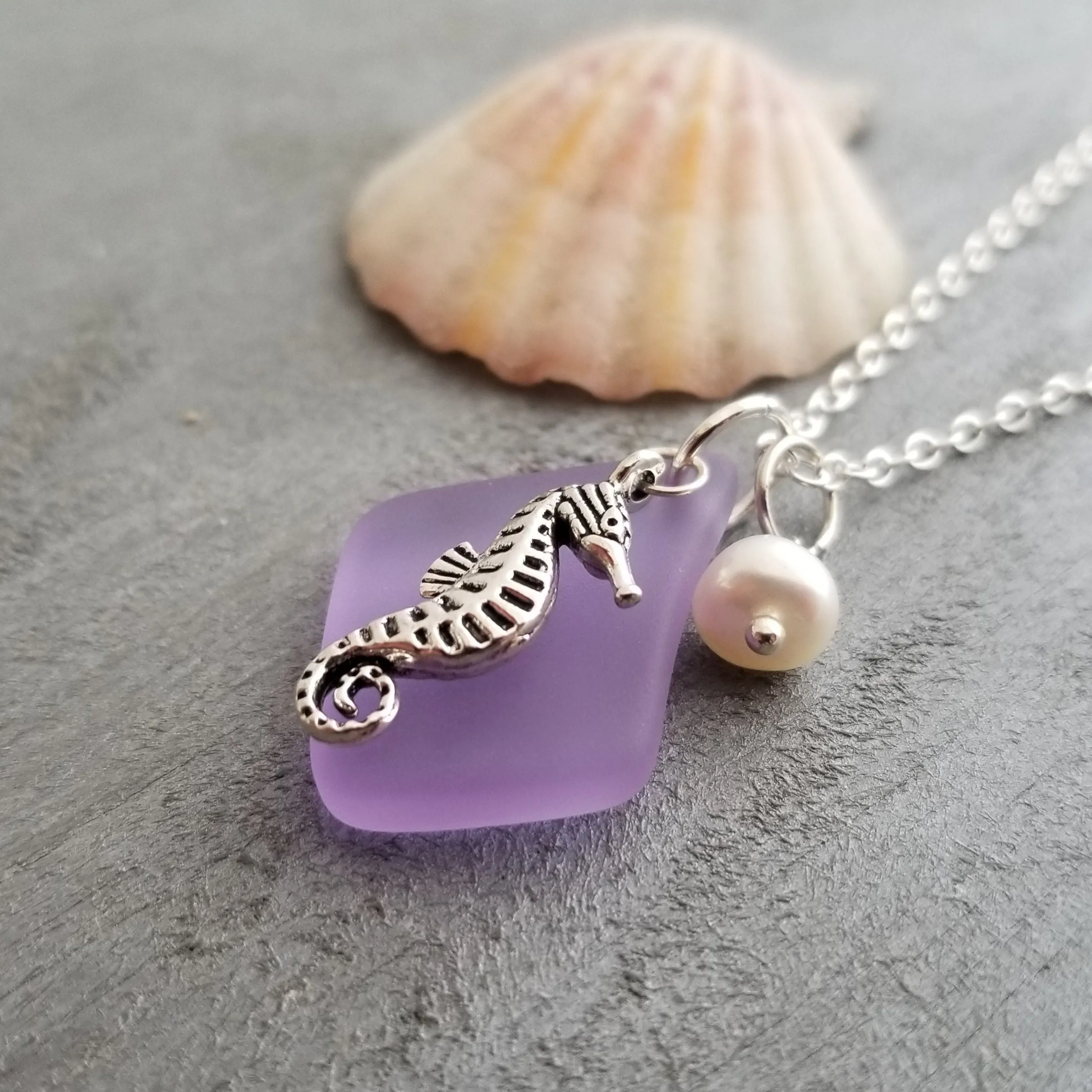 Hawaiian Sea Glass Necklace, "Magical Color Changing" Purple Necklace Pearl Seahorse Necklace Sea Glass Birthday Gift (February Birthstone)