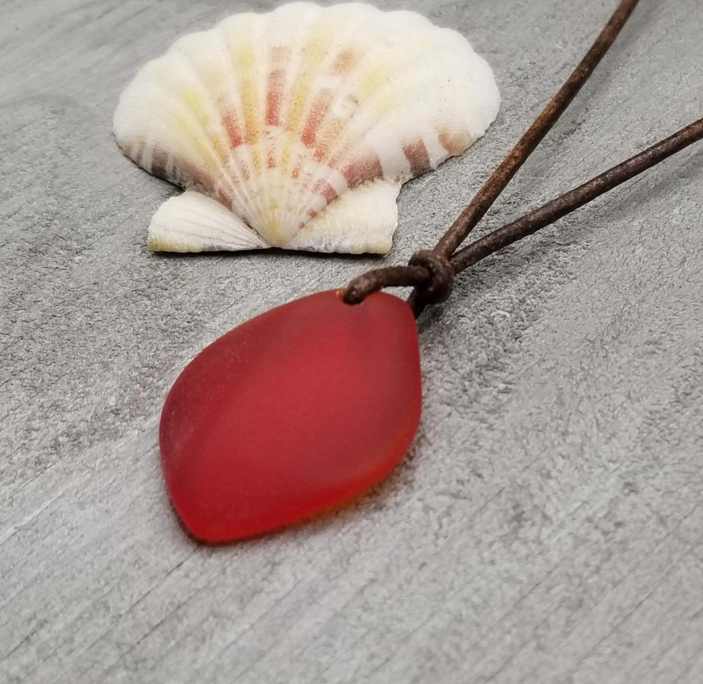 Hawaiian Sea Glass Necklace, Small Puff Ruby Red Necklace Leather Cord Necklace Unisex Beach Jewelry Gift For Him For Her, July Birthstone