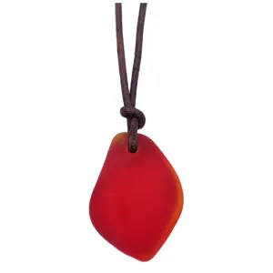 Hawaiian Sea Glass Necklace, Small Puff Ruby Red Necklace Leather Cord Necklace Unisex Beach Jewelry Gift For Him For Her, July Birthstone