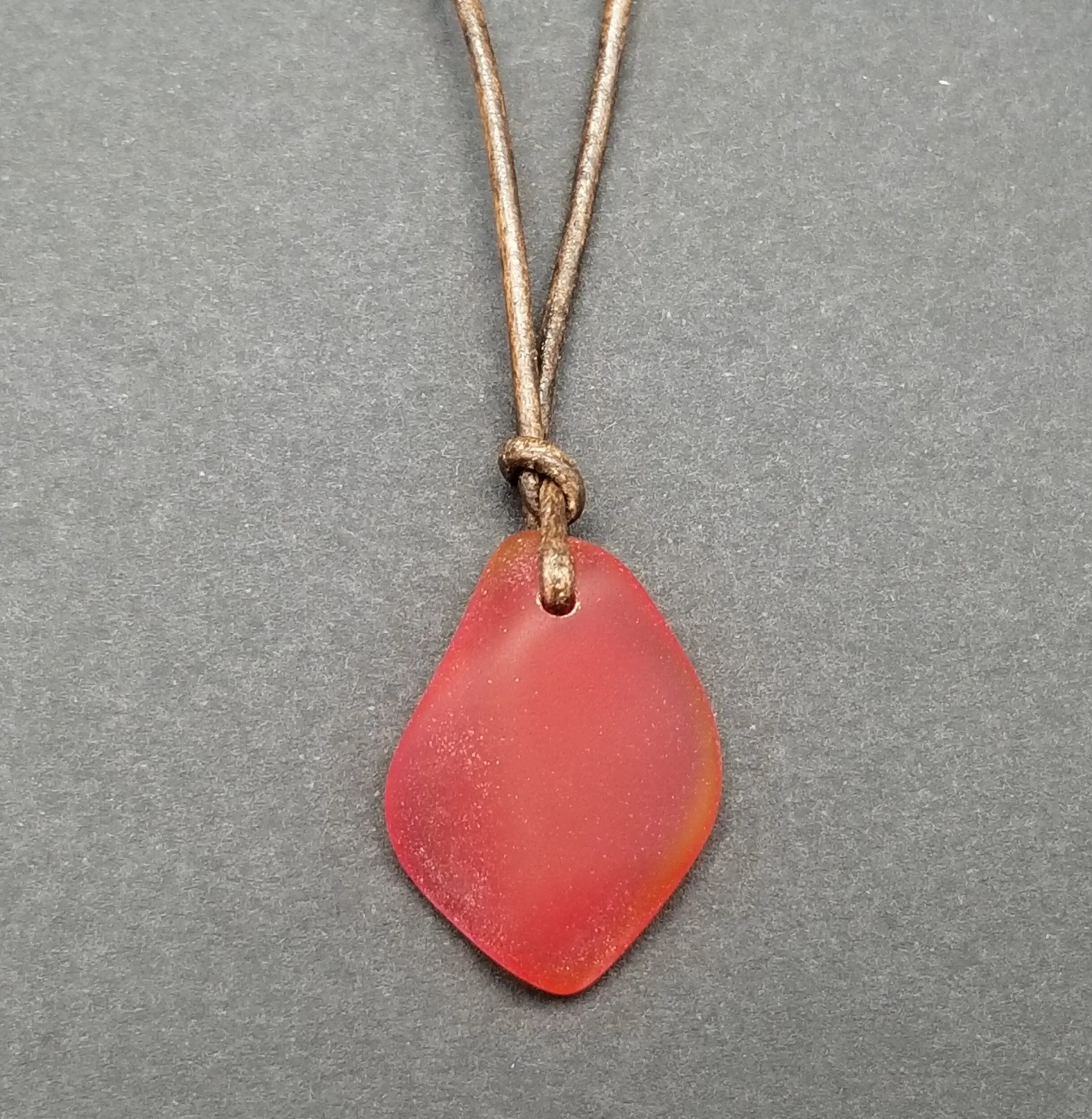 Hawaiian Sea Glass Necklace, Small Puff Ruby Red Necklace Leather Cord Necklace Unisex Beach Jewelry Gift For Him For Her, July Birthstone