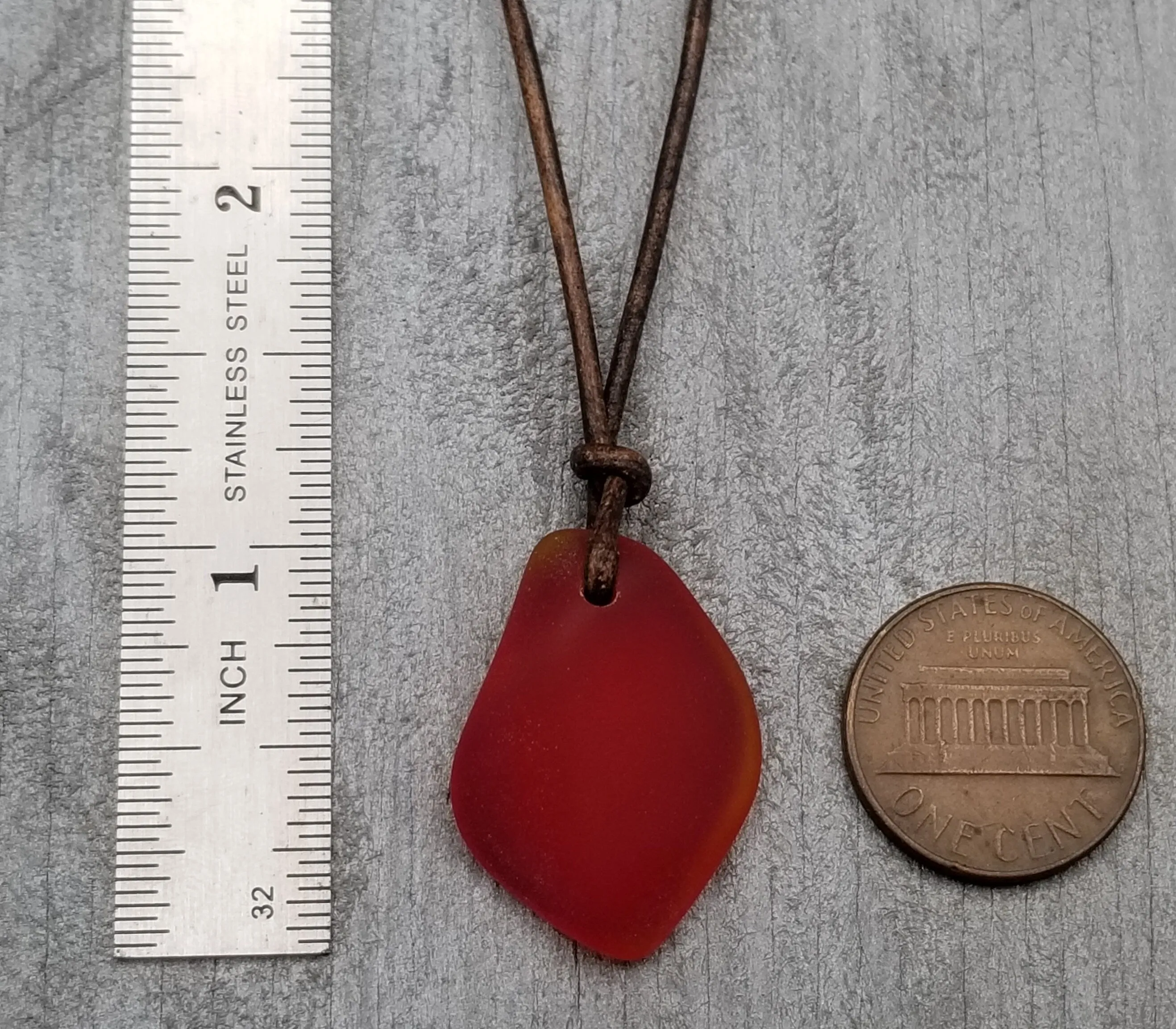 Hawaiian Sea Glass Necklace, Small Puff Ruby Red Necklace Leather Cord Necklace Unisex Beach Jewelry Gift For Him For Her, July Birthstone