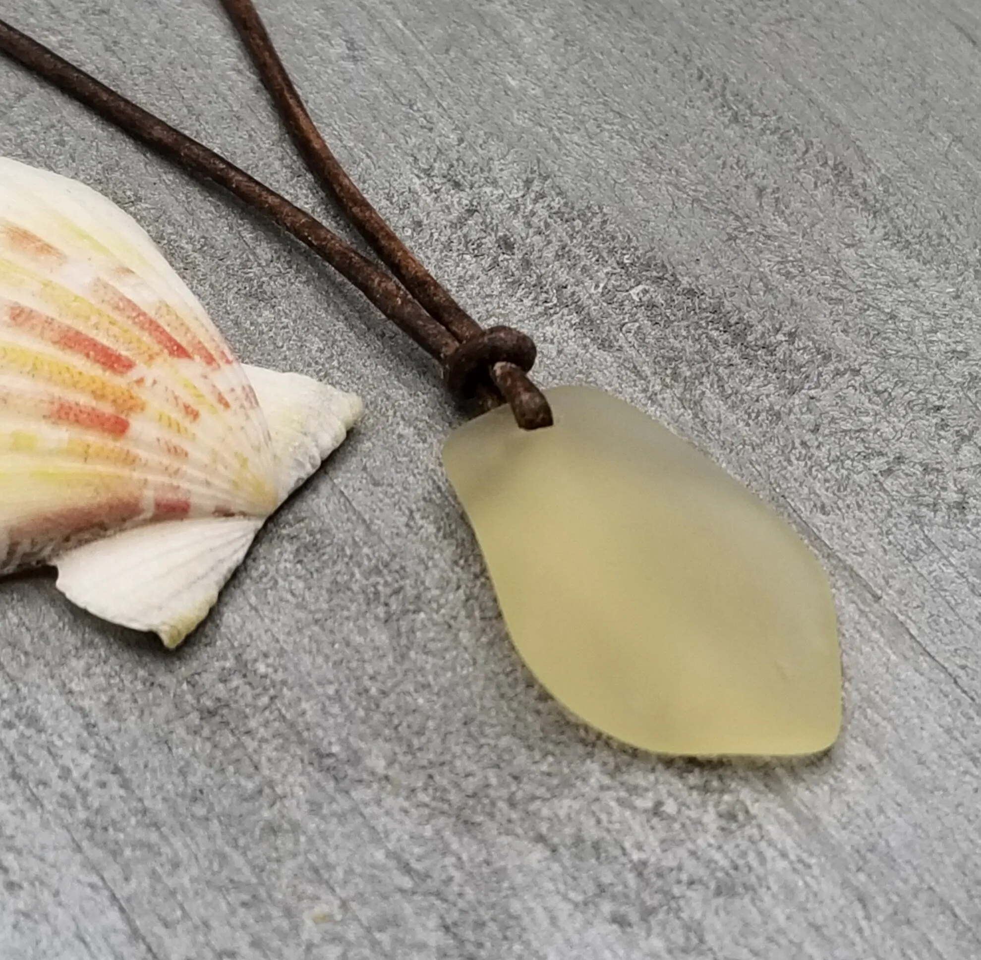 Hawaiian Sea Glass Necklace, Small Puff Yellow Necklace Leather Cord Necklace Unisex Beach Jewelry Gift For Him For Her, November Birthstone