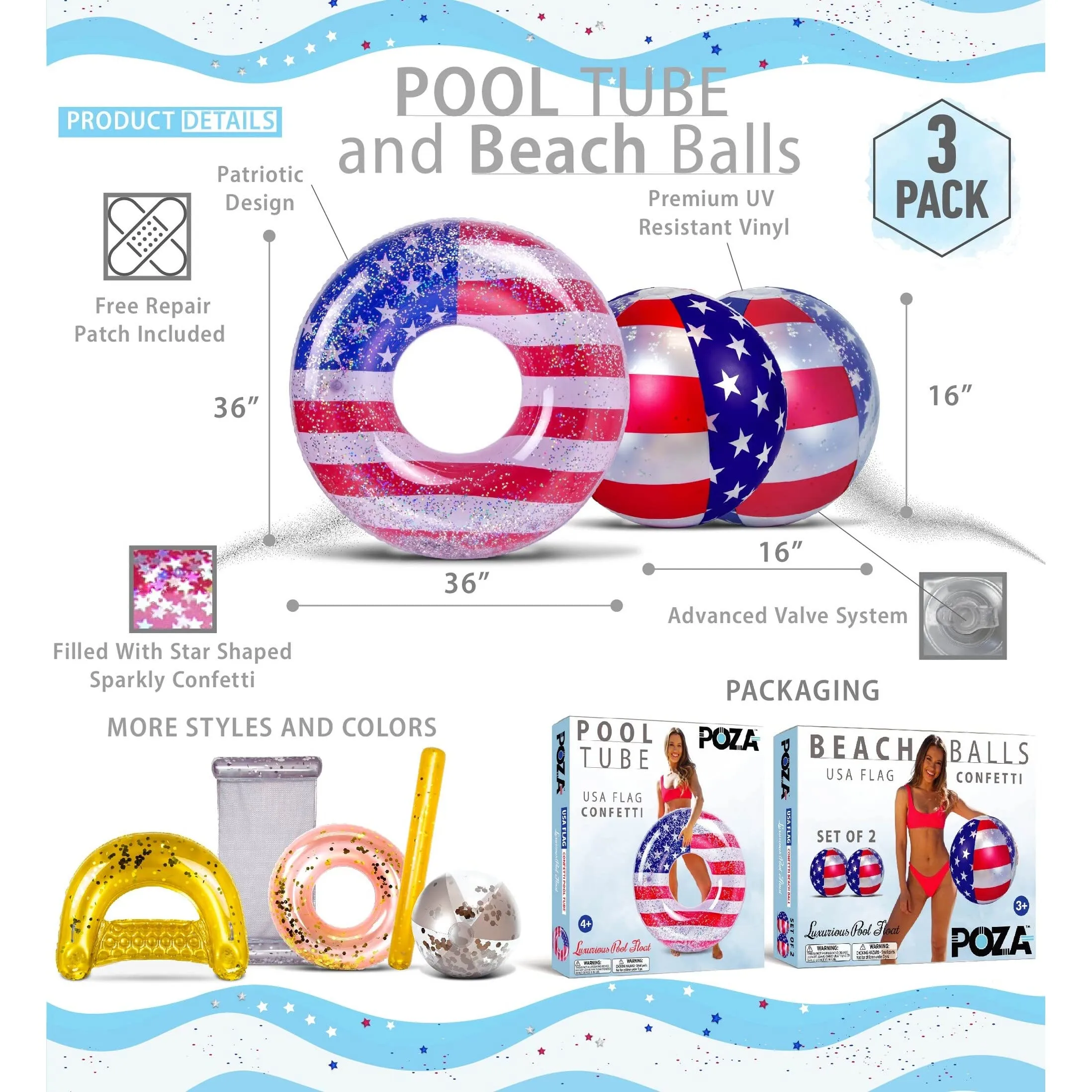 Inflatable USA Flag Pool Float Tube and Beach Balls Bundle X