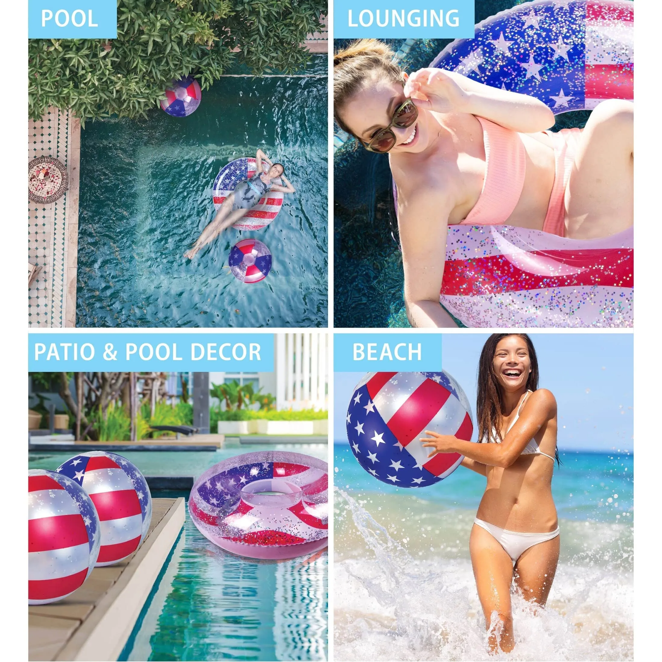 Inflatable USA Flag Pool Float Tube and Beach Balls Bundle X