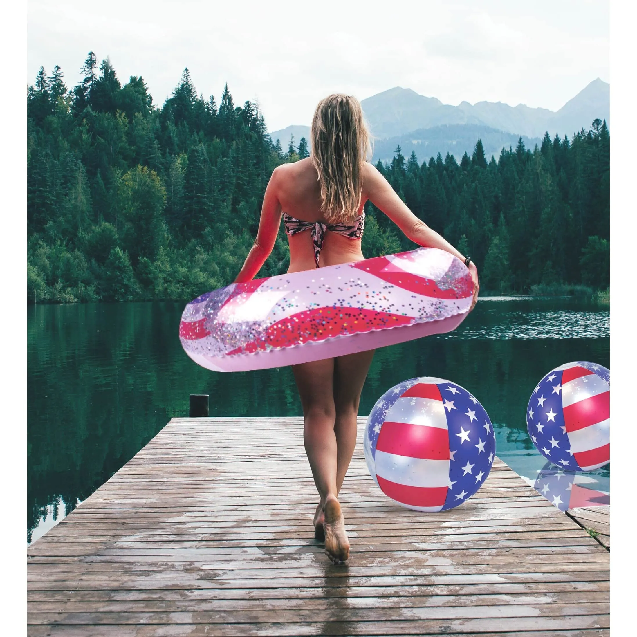 Inflatable USA Flag Pool Float Tube and Beach Balls Bundle X