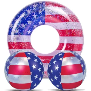 Inflatable USA Flag Pool Float Tube and Beach Balls Bundle X