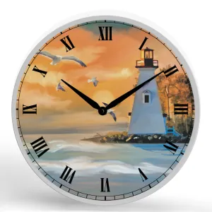 Lighthouse Illustration <br>Round Framed Wall Clock 11.75"