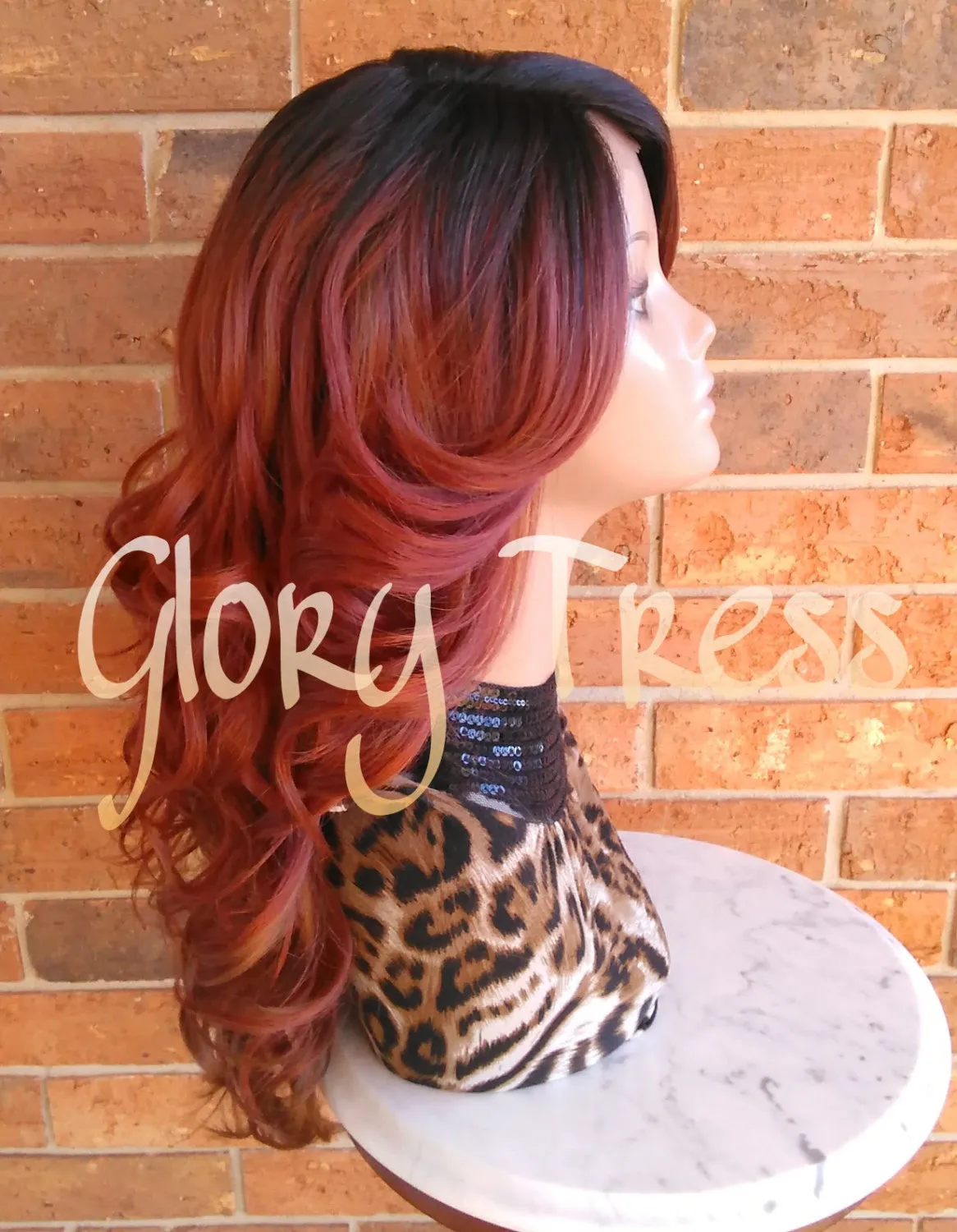 Long & Curly Lace Front Wig, Ombre Copper Red Wig, Auburn Wig, Dark Rooted Bombshell Wig - SALVATION