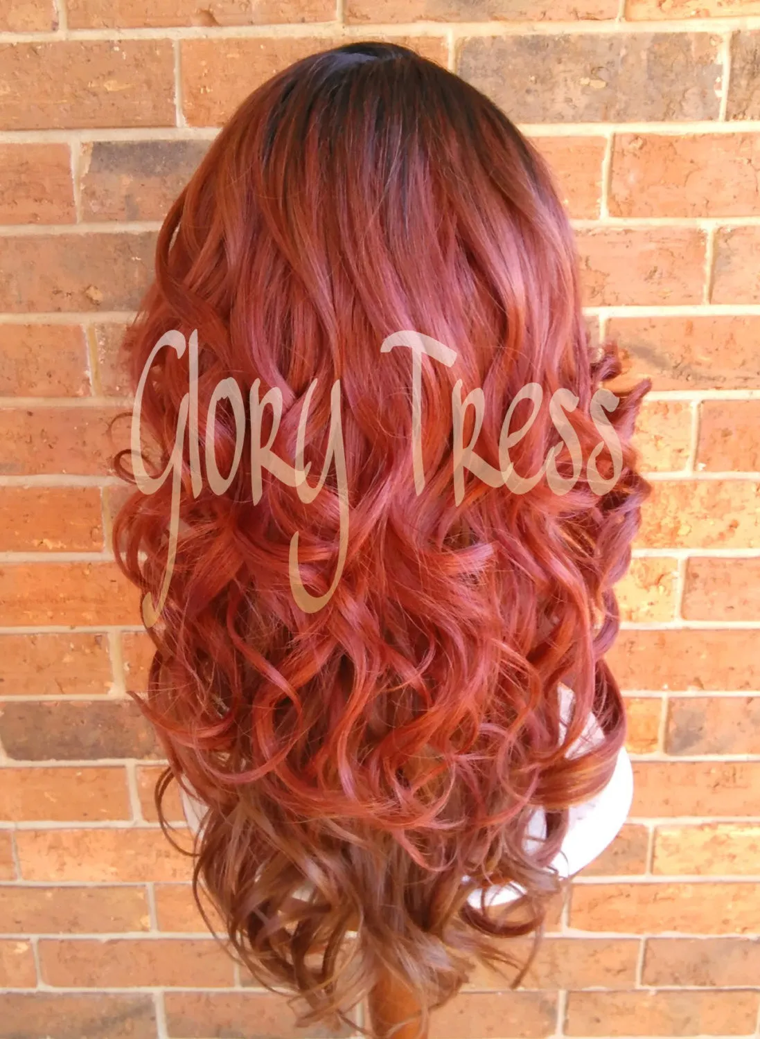 Long & Curly Lace Front Wig, Ombre Copper Red Wig, Auburn Wig, Dark Rooted Bombshell Wig - SALVATION