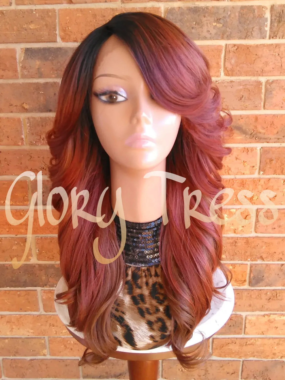 Long & Curly Lace Front Wig, Ombre Copper Red Wig, Auburn Wig, Dark Rooted Bombshell Wig - SALVATION