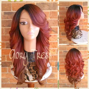 Long & Curly Lace Front Wig, Ombre Copper Red Wig, Auburn Wig, Dark Rooted Bombshell Wig - SALVATION