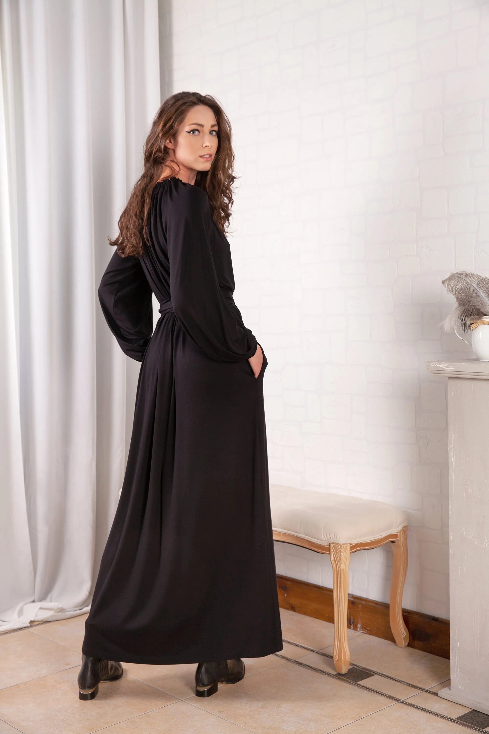 Long Sleeve Dress, Black Maxi Dress, Women Loungewear, Winter Kaftan, Plus Size Clothing, Belted Dress, Comfortable Clothing, Women Caftan