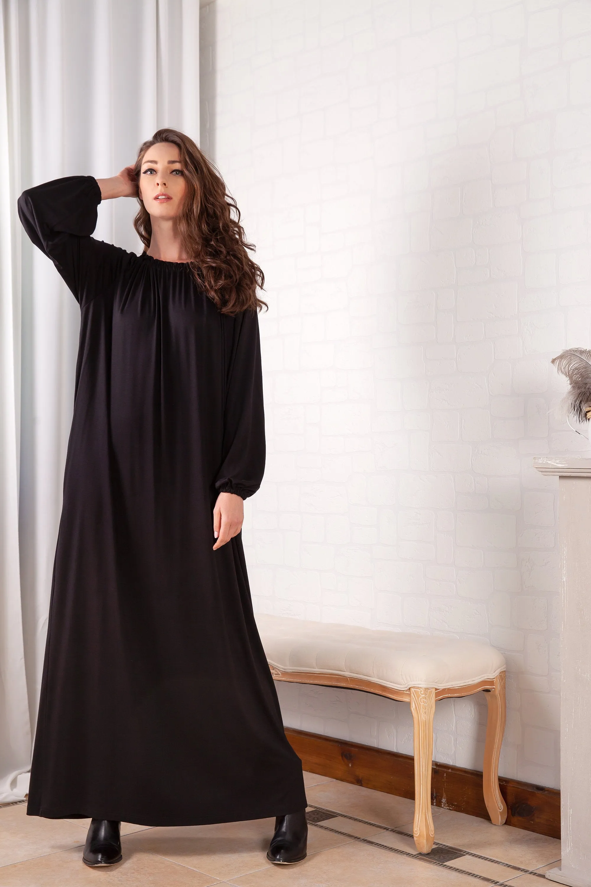 Long Sleeve Dress, Black Maxi Dress, Women Loungewear, Winter Kaftan, Plus Size Clothing, Belted Dress, Comfortable Clothing, Women Caftan