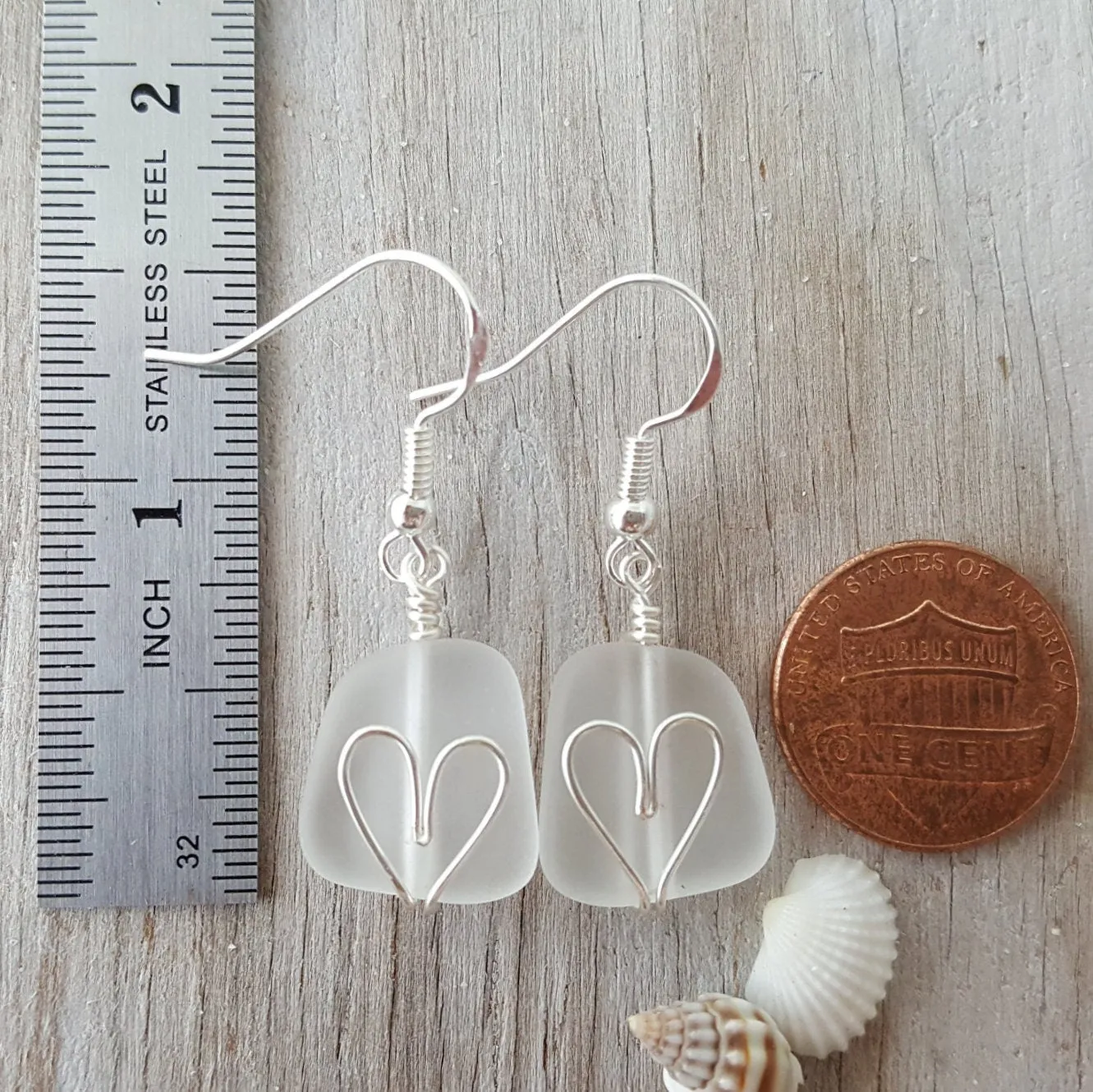 Made in Hawaii, Wire wrapped heart Crystal sea glass earrings,    gift box.beach jewelry,