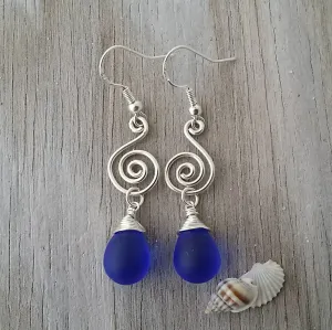 Made in Hawaii, Wire wrapped lantern cobalt blue sea glass earrings,    , gift box.beach jewelry