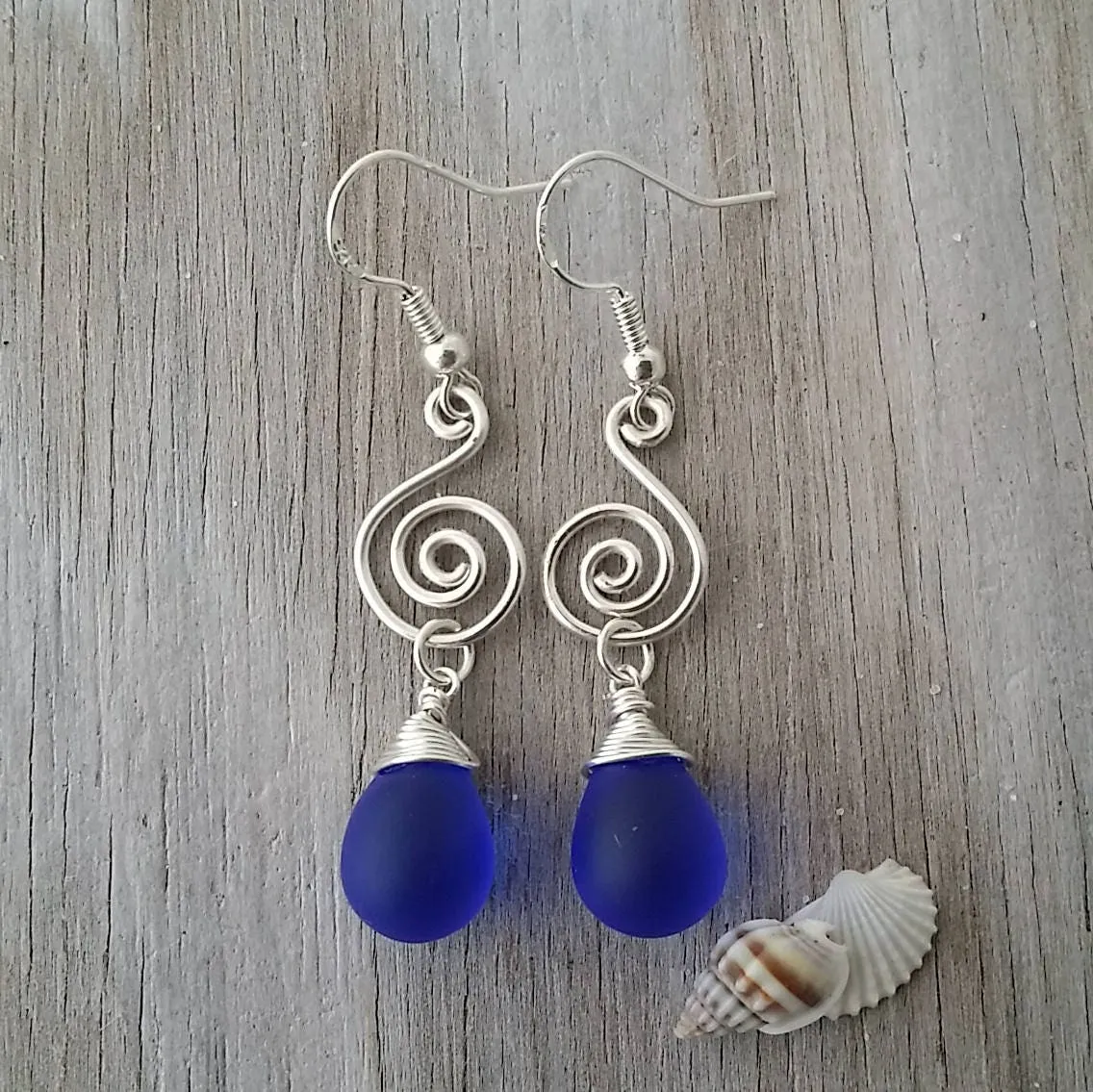 Made in Hawaii, Wire wrapped lantern cobalt blue sea glass earrings,    , gift box.beach jewelry