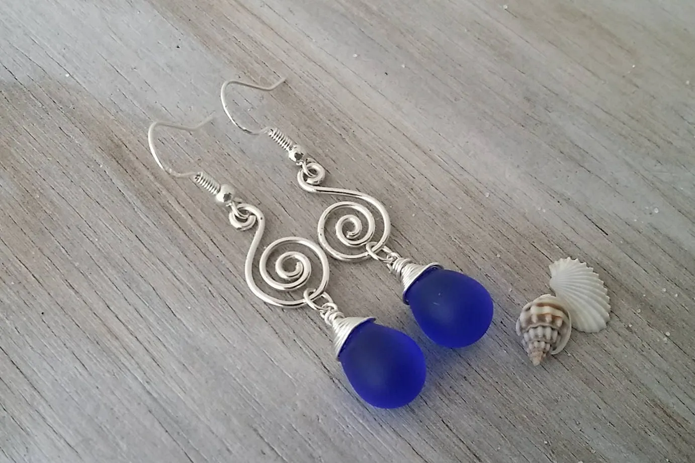 Made in Hawaii, Wire wrapped lantern cobalt blue sea glass earrings,    , gift box.beach jewelry