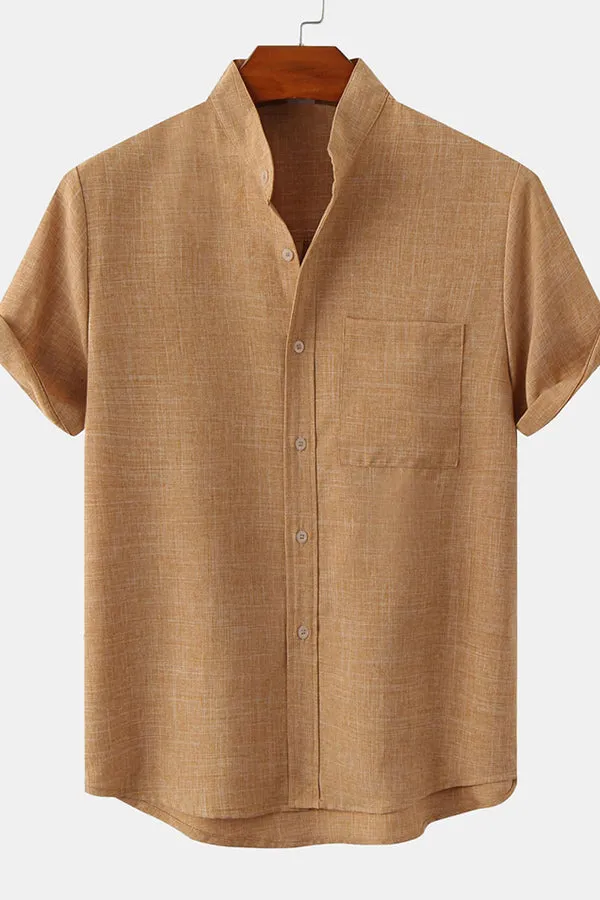 Man Stand Collar Shirt Whit Pocket
