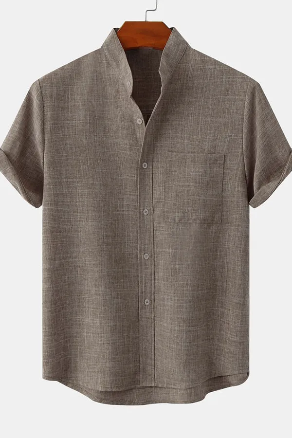 Man Stand Collar Shirt Whit Pocket