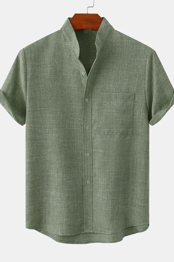 Man Stand Collar Shirt Whit Pocket