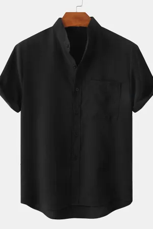 Man Stand Collar Shirt Whit Pocket