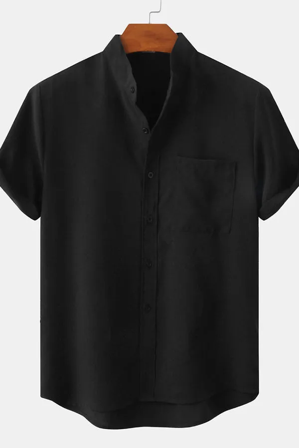 Man Stand Collar Shirt Whit Pocket
