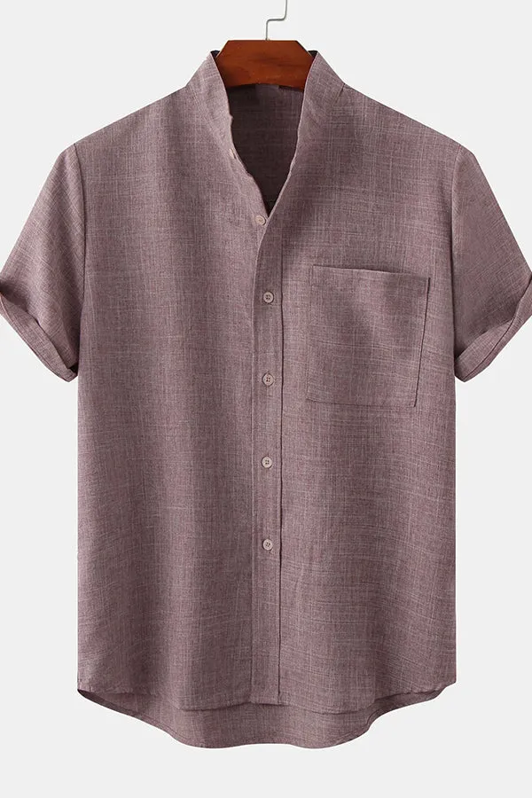 Man Stand Collar Shirt Whit Pocket