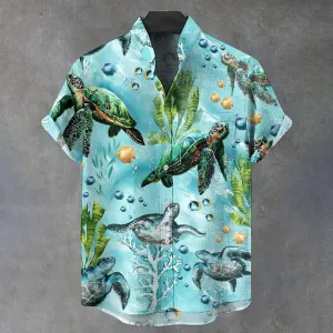 Men's Turtle Linen Stand Collar Short Sleeve Shirt 2409010193