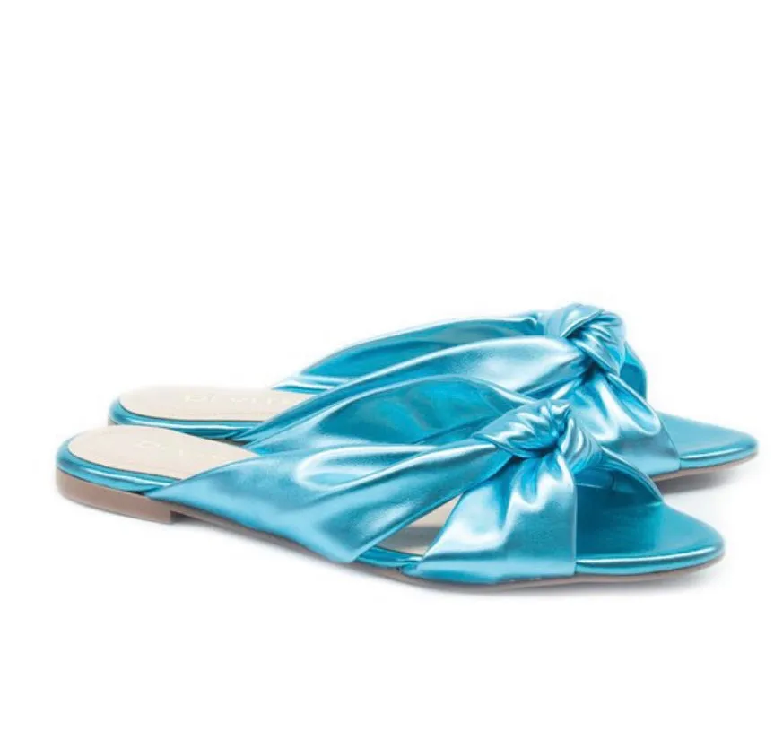 Metallic Blue Flat Slip On Sandals