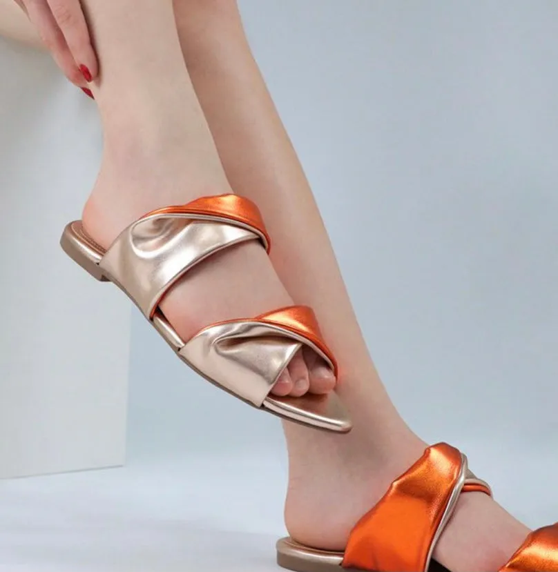 Metallic Orange Slip On Flat Sandals