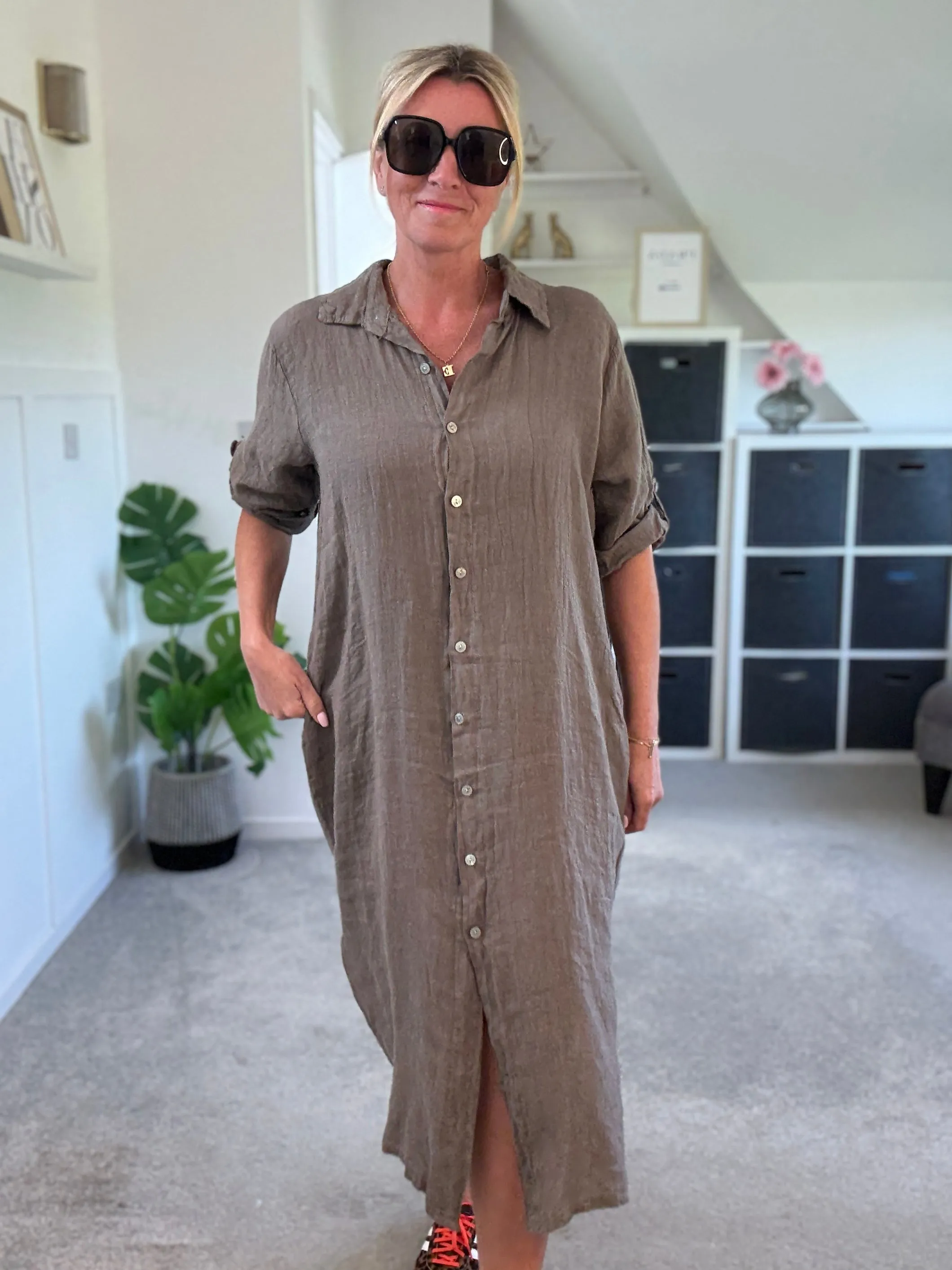 Mocha Linen Pocket Shirt Dress