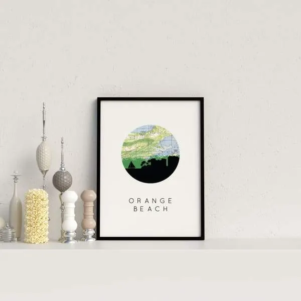Orange Beach, Alabama city skyline with vintage Orange Beach map