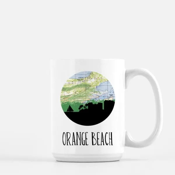 Orange Beach, Alabama city skyline with vintage Orange Beach map